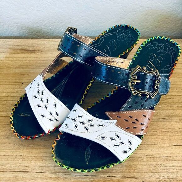 Elite Leather Laser Cutout Patchwork Design Sandals 9 - Picture 1 of 7